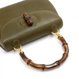 Gucci Bamboo Top Handle Olive Green Pebbled Leather 2 Way Bag