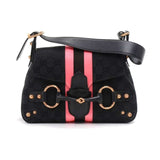 Gucci Black Guccissima Canvas Pink & Black Satin Stripe Horsebit Shoulder Bag