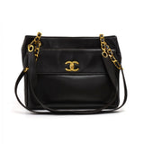 Vintage Chanel Black Lambskin Leather Front Pocket Chain Tote Bag