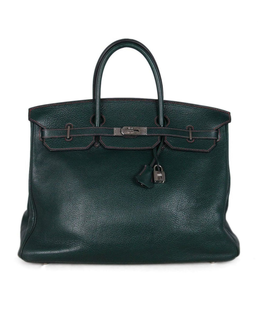 HERMES BIRKIN 40 CM GREEN LEATHER WITH RED STITCHING HANDBAG