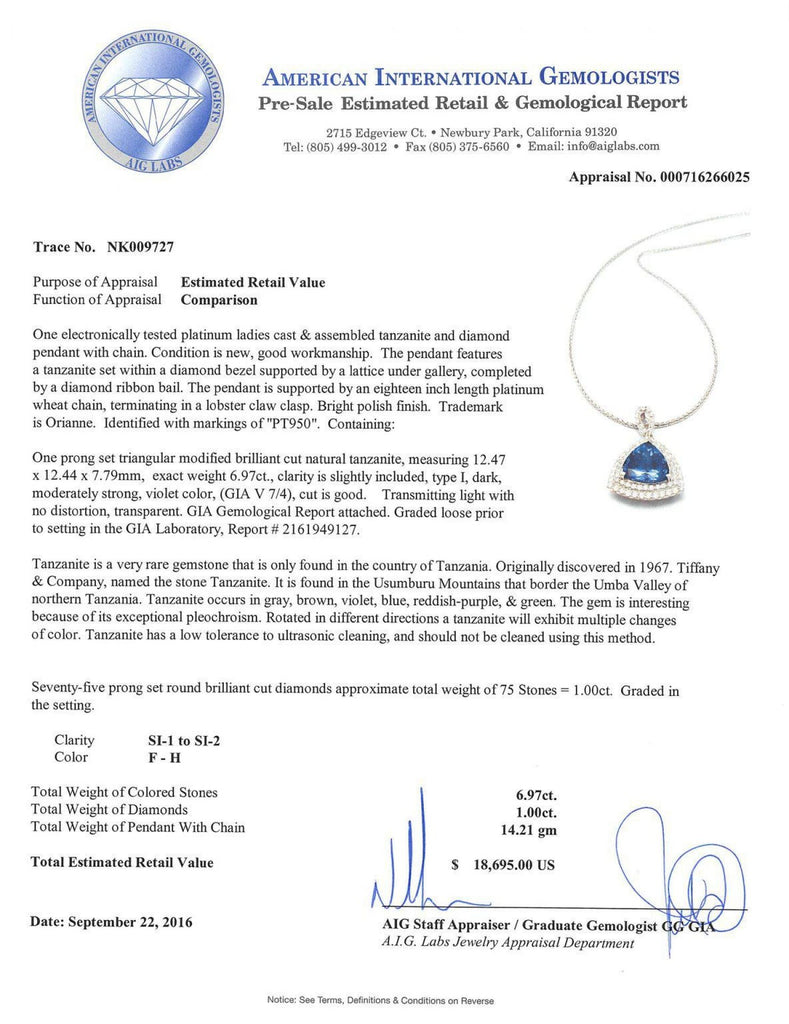 6.97ct DARK Tanzanite and 1.00ctw Diamond Pendant/Necklace (GIA CERTIFIED)