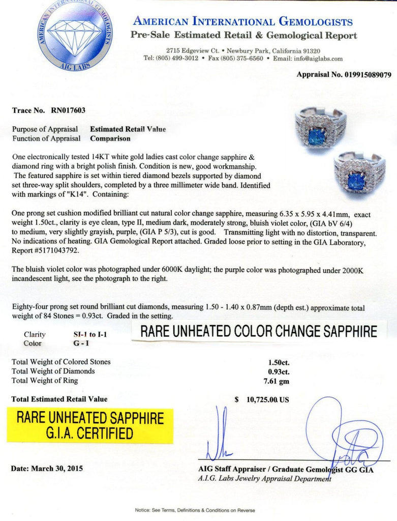 1.50ct RARE UNHEATED Sapphire and 0.93ctw Diamond 14K White Gold Ring Set (GIA C