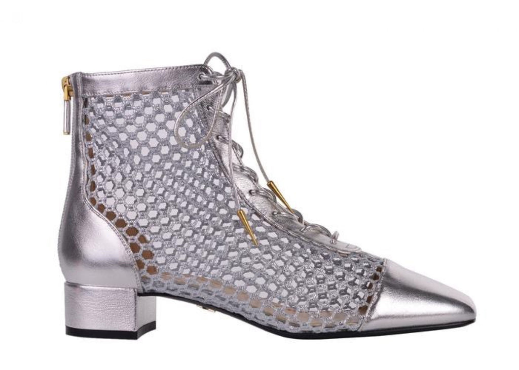 DIOR WOMENS NAUGHTILY-D SILVER LAMINATED LEATHER MESH ANKLE BOOTS