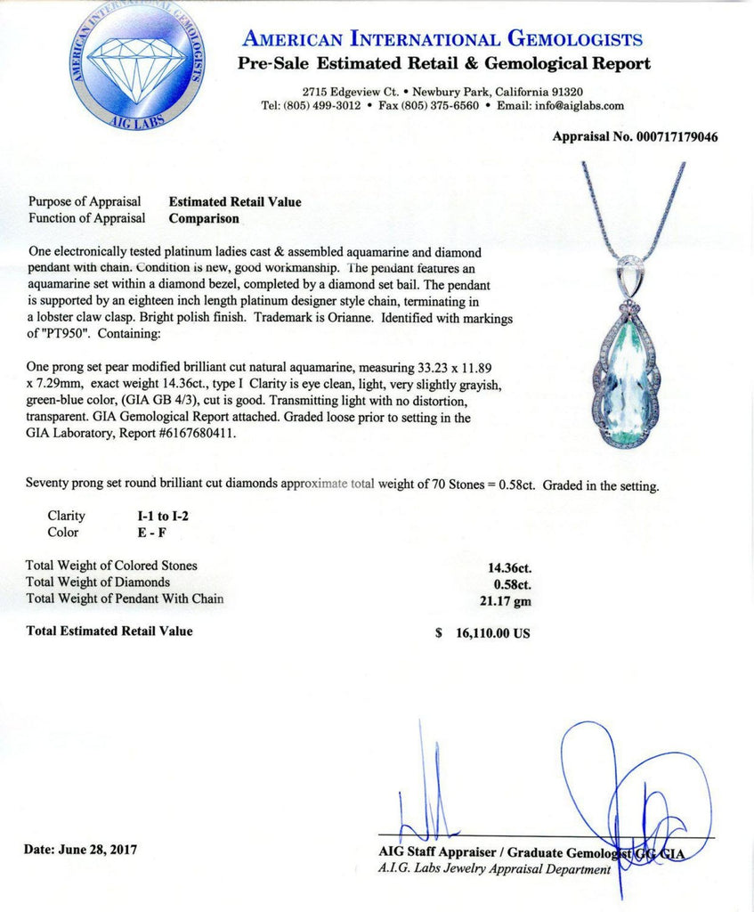 14.36ctw Aquamarine and 0.58ctw Diamond Platinum Pendant/Necklace