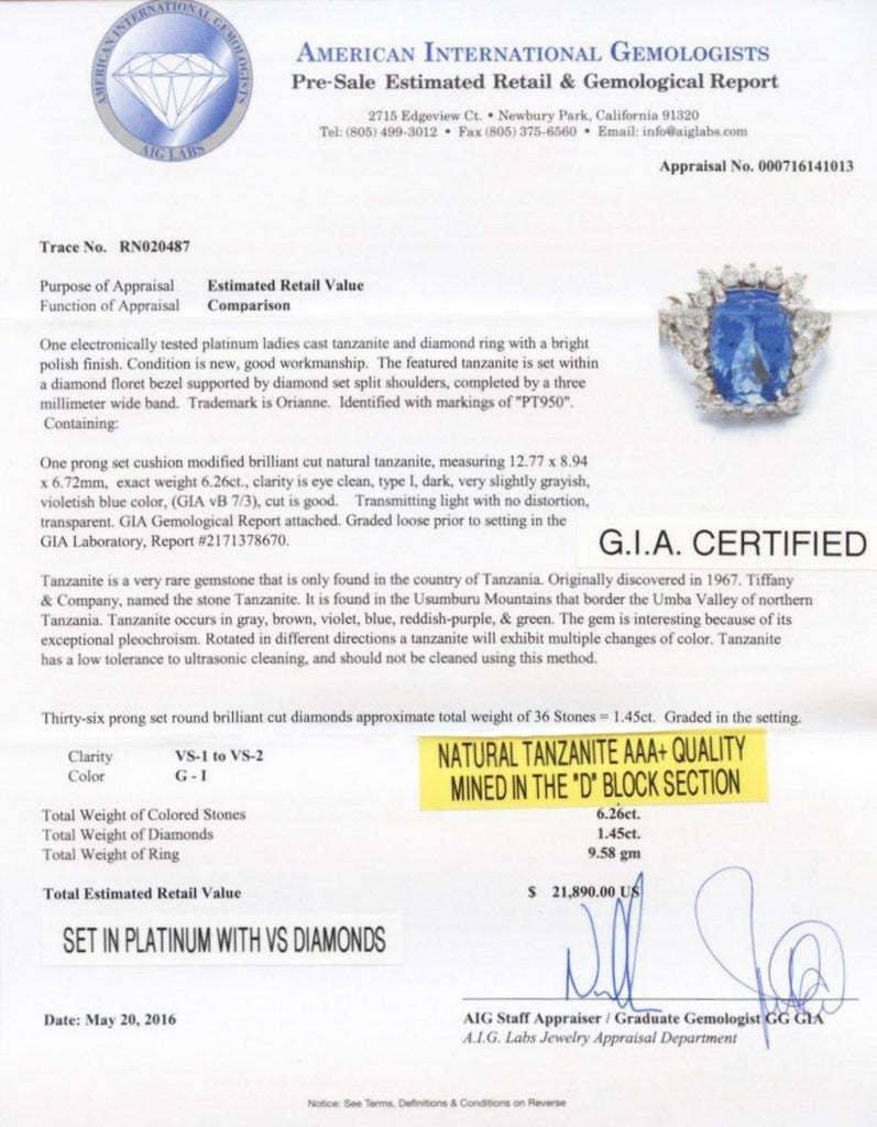 6.26ct Tanzanite and 1.45ctw Diamond Platinum Ring (G.I.A. Certified)