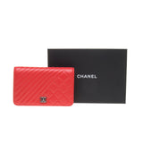 Chanel Orange Red Lambskin Quilted Wallet On Chain