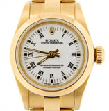 PRE OWNED LADIES ROLEX YELLOW GOLD OYSTER PERPETUAL WITH A WHITE ROMAN DIAL 6718