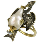 French Antique Baroque Pearl and Silver Stork Ring ca.1850