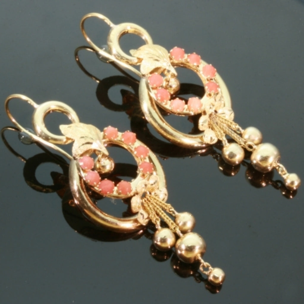 Coral gold Victorian dangle earrings