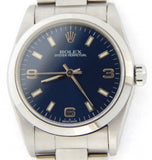 PRE OWNED MID SIZE ROLEX STAINLESS STEEL OYSTER PERPETUAL WITH A BLUE DIAL 77080