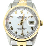 Pre Owned Mens Rolex Two-Tone Datejust with a White Roman Dial 16233