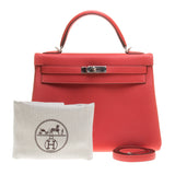 Hermes Rouge Pivoine Clemence Leather Kelly 32cm (R Stamp)