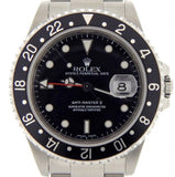 PRE OWNED MENS ROLEX STAINLESS STEEL GMT MASTER II WITH A BLACK DIAL 16710
