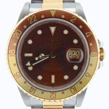 PRE OWNED MENS ROLEX TWO-TONE GMT-MASTER II ROOT BEER WITH A BROWN DIAL 16713