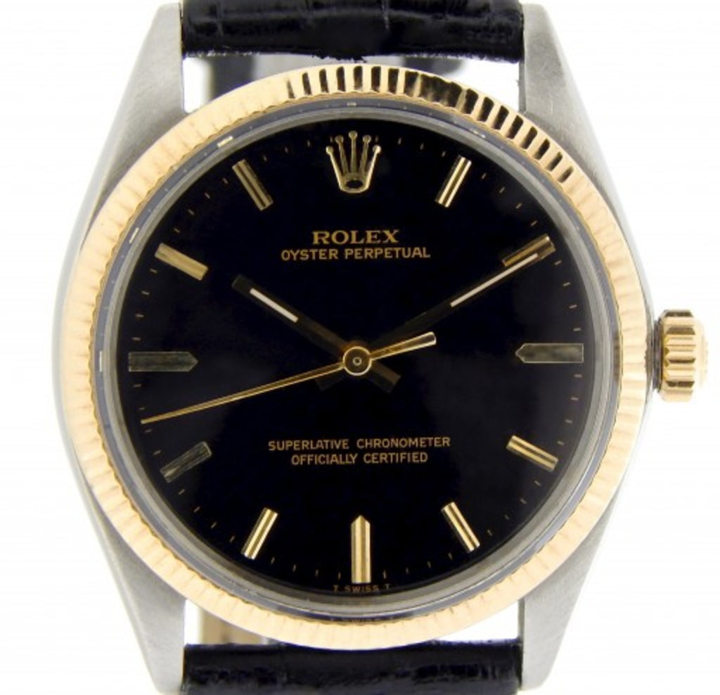 PRE OWNED MENS ROLEX TWO-TONE OYSTER PERPETUAL WITH A BLACK DIAL 1005