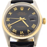 Pre Owned Mens Rolex Two-Tone Datejust with a Black Roman Dial 16013