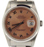 Pre Owned Mens Rolex Stainless Steel Datejust with a Salmon Roman Dial 16200