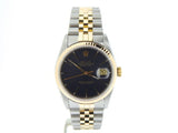 Pre Owned Mens Rolex Two-Tone Datejust with a Black Tapestry Dial 16233