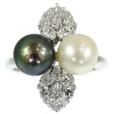 Diamond ring with black and white pearls