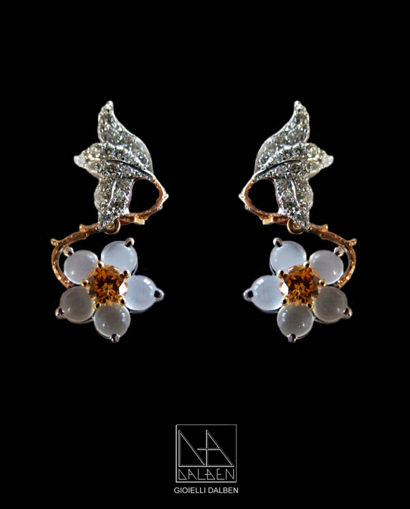 Dalben Moonstone Orange and White Diamond Hellebore Earrings