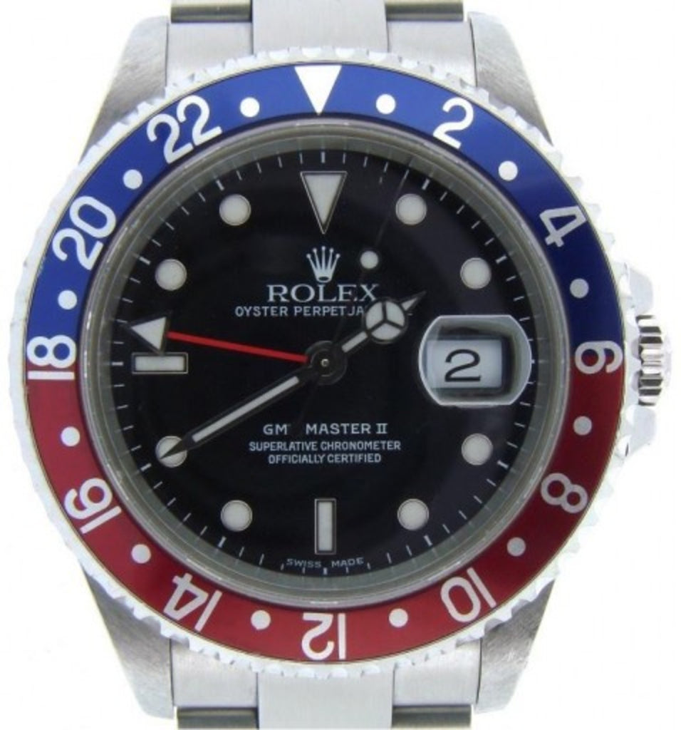 PRE OWNED MENS ROLEX STAINLESS STEEL GMT MASTER II PEPSI WITH A BLACK DIAL 16710