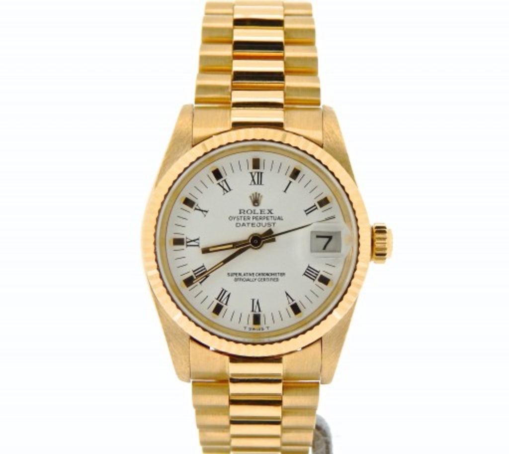 Pre Owned Mid-Size Rolex Yellow Gold Datejust President White Roman 6827