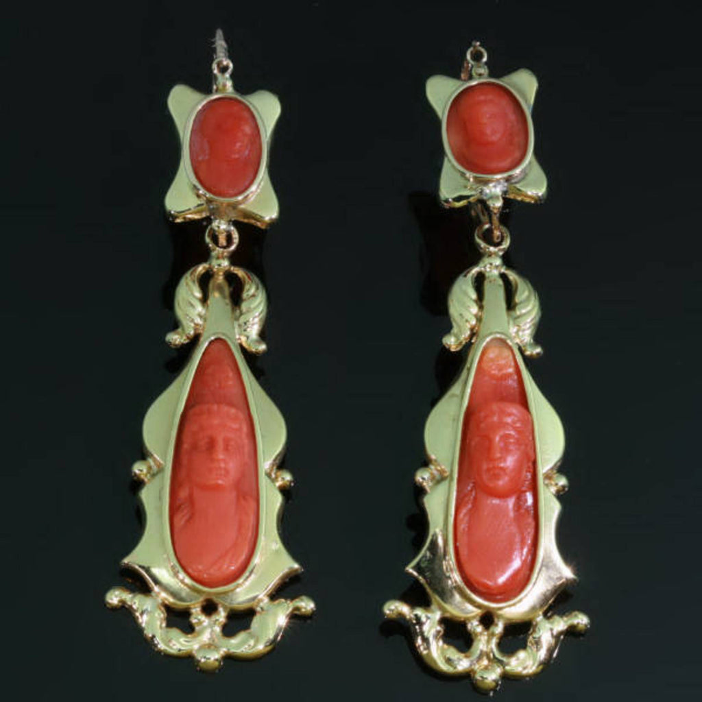 19th Century coral cameo dangle earring