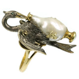 French Antique Baroque Pearl and Silver Stork Ring ca.1850