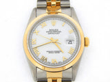 Pre Owned Mens Rolex Two-Tone Datejust with a White Roman Dial 16203