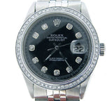 Pre Owned Mens Rolex Stainless Steel Datejust Black Diamond 1603