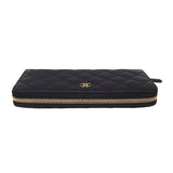 Chanel A50097 Black Caviar Leather Quilted Zip Around Long Wallet