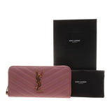 YSL / Saint Laurent 358094 Old Rose Matelasse Calf Leather Zip Around Long Walle