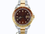 PRE OWNED MENS ROLEX TWO-TONE GMT-MASTER II ROOT BEER WITH A BROWN DIAL 16713