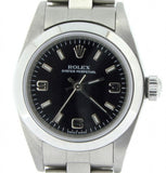 PRE OWNED LADIES ROLEX STAINLESS STEEL OYSTER PERPETUAL WITH A BLACK DIAL 76080
