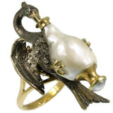 French Antique Baroque Pearl and Silver Stork Ring ca.1850