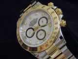 PRE OWNED MENS ROLEX TWO-TONE DAYTONA WITH A WHITE MOP DIAMOND DIAL 116523