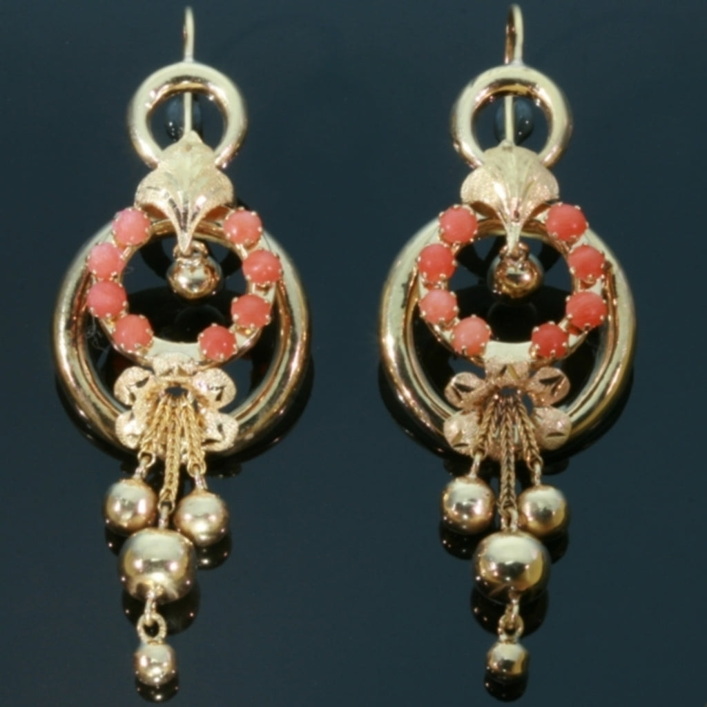 Coral gold Victorian dangle earrings