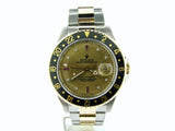 PRE OWNED MENS ROLEX TWO-TONE GMT-MASTER II WITH A GOLD SERTI DIAL 16713