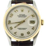 Pre Owned Mens Rolex Two-Tone Datejust with a White Arabic Dial 16233