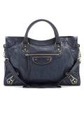 Classic Metallic Edge City Medium Blue Leather Tote