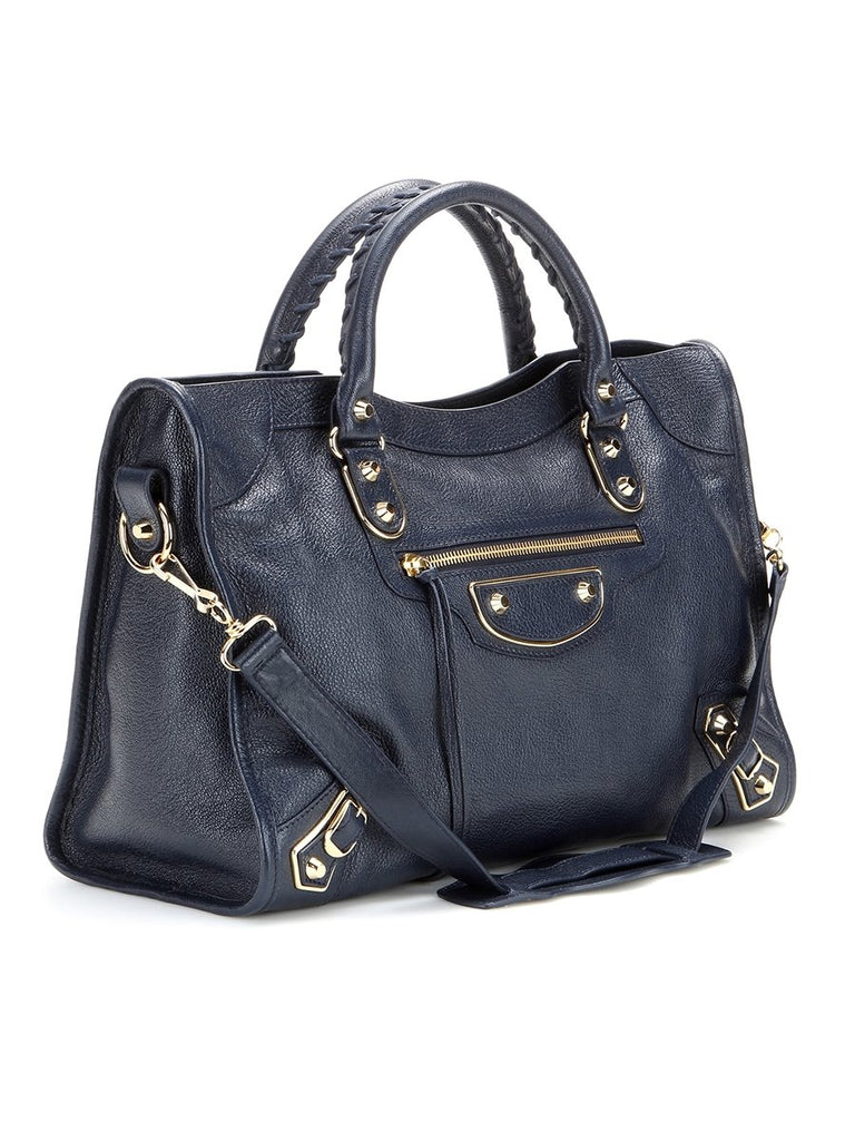 Classic Metallic Edge City Medium Blue Leather Tote