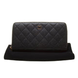 Chanel A50097 Black Caviar Leather Quilted Zip Around Long Wallet