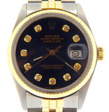 Pre Owned Mens Rolex Two-Tone Datejust with a Black Diamond Dial 16013