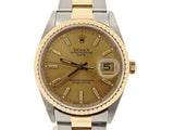 PRE OWNED MENS ROLEX TWO-TONE DATE WITH A GOLD/CHAMPAGNE DIAL 15223