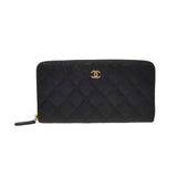 Chanel A50097 Black Caviar Leather Quilted Zip Around Long Wallet