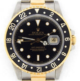 PRE OWNED MENS ROLEX TWO-TONE GMT-MASTER II WITH A BLACK DIAL 16713