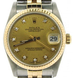 Pre Owned Mid Size Rolex Two-Tone Datejust with a Gold Diamond Dial 68273