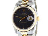 Pre Owned Mens Rolex Two-Tone Datejust with a Black Tapestry Dial 16233