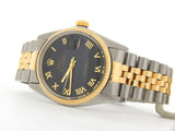 Pre Owned Mens Rolex Two-Tone Datejust with a Black Roman Dial 16013