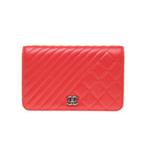 Chanel Orange Red Lambskin Quilted Wallet On Chain